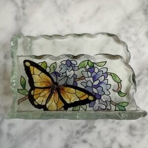 Joan Baker designs wings & wisteria cut glass hand painted business card holder